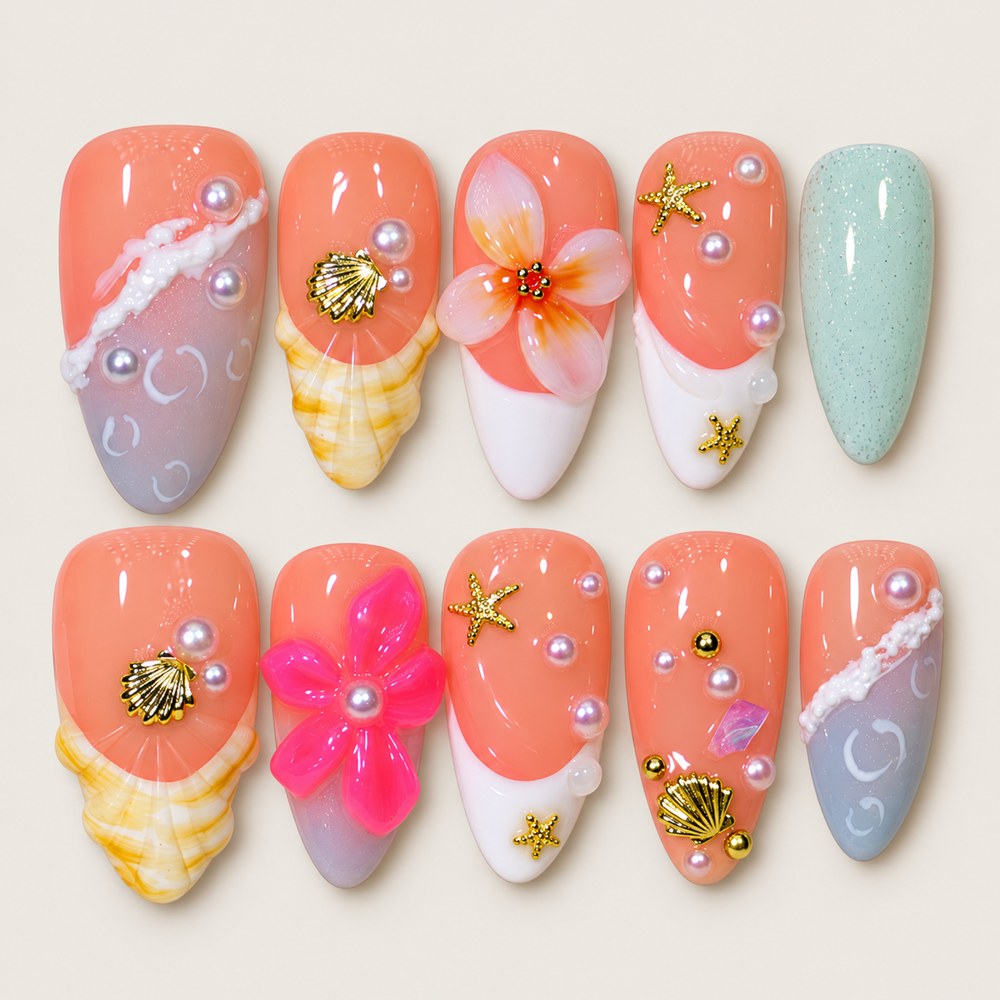 Blush Seaside Shells - Peach Nude Ocean & Shell Press-On Nails