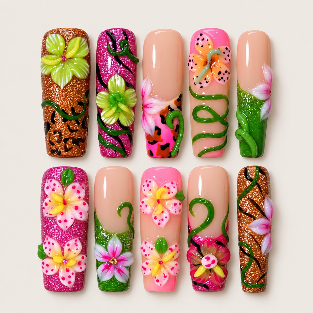 ACEGRIP Rose Bloom Spotted press-on nails in pink, orange, peach nude, and green, with floral accents, style FD9005