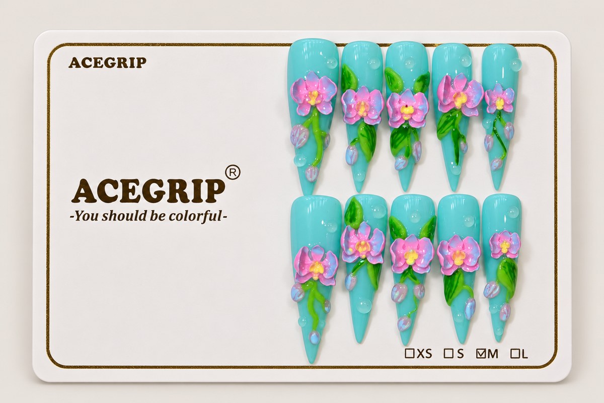 ACEGRIP Lagoon Petals, style FD9006, complete 10-nail set on its presentation card