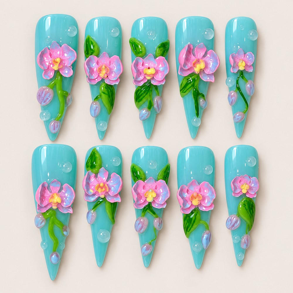 Lagoon Petals - Turquoise Floral & Leaf Press-On Nails