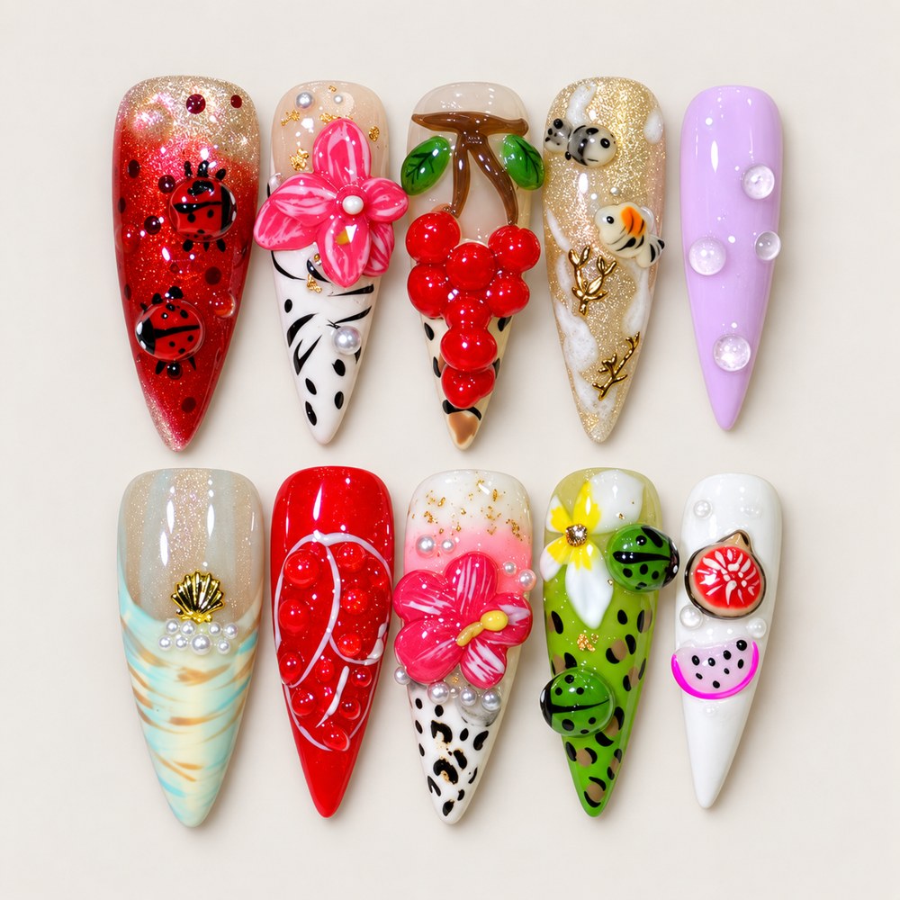 ACEGRIP Scarlet Berry Petals press-on nails in red, white, lime green, and purple, with berry motifs, style FD9007