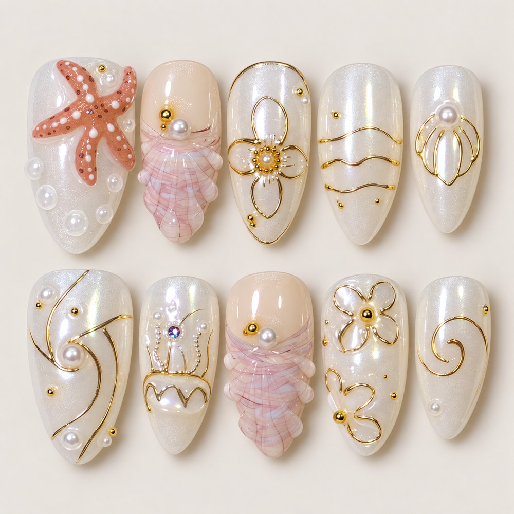 ACEGRIP Cream Starfish press-on nails in cream, white, pink, and gold tones, with starfish accents, style FD9009