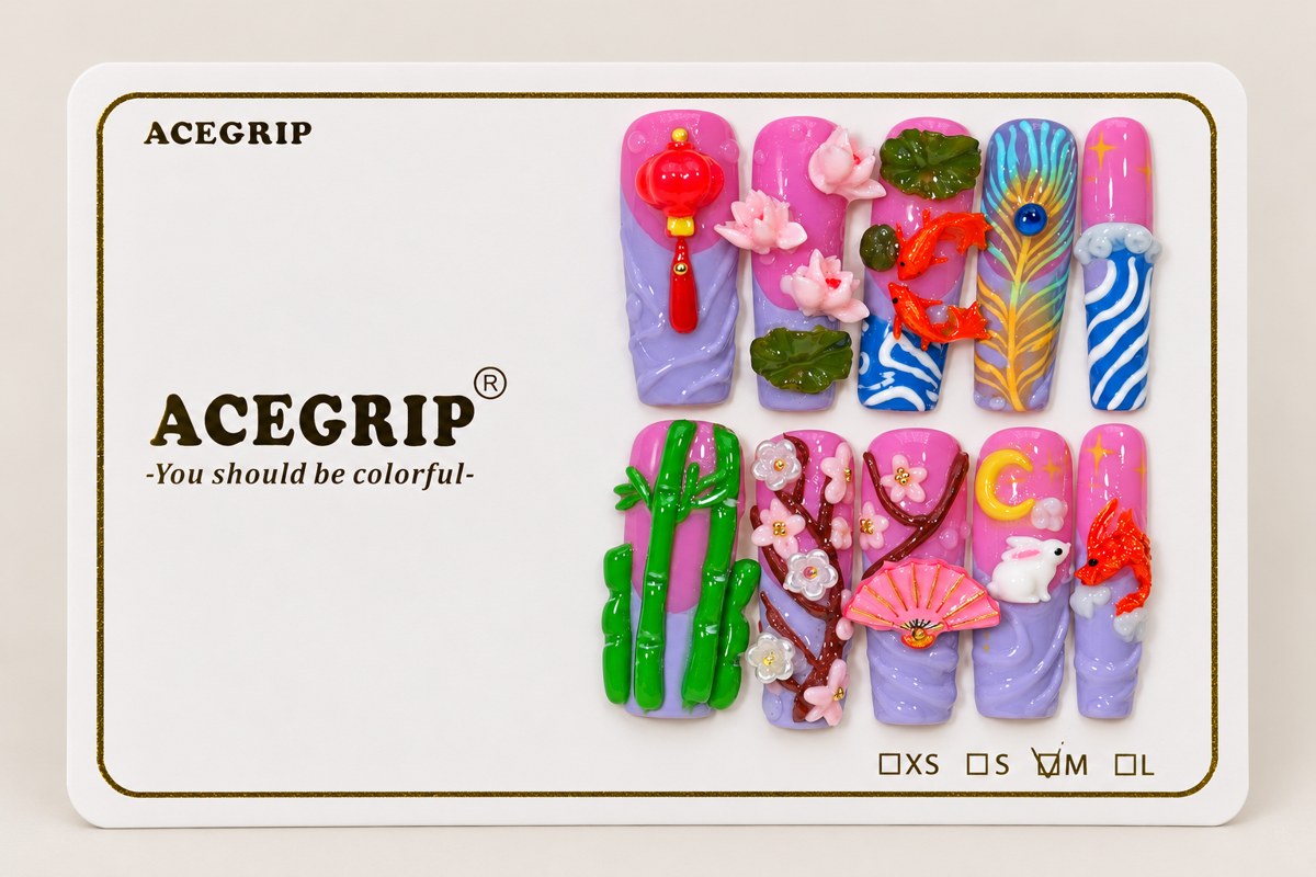 ACEGRIP Rose Fans, style FD9010, complete 10-nail set on its presentation card