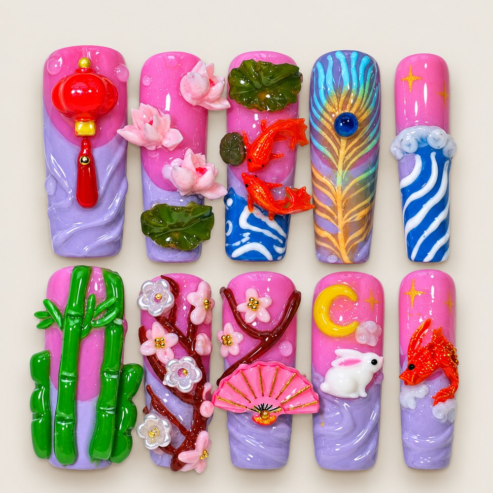 ACEGRIP Rose Fans press-on nails in pink, purple, green, and blue, with fan-shaped accents, style FD9010