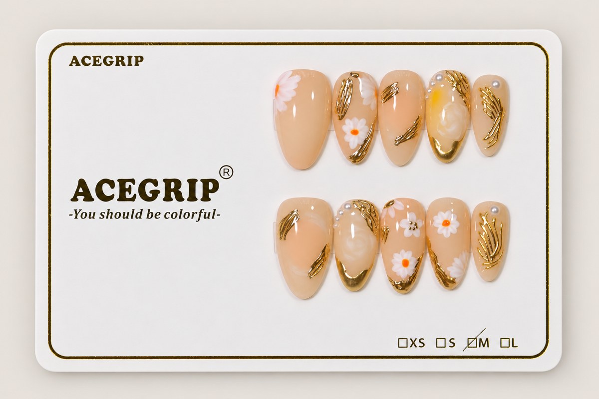 ACEGRIP Blush Blossom Leaves, style FD9011, complete 10-nail set on its presentation card