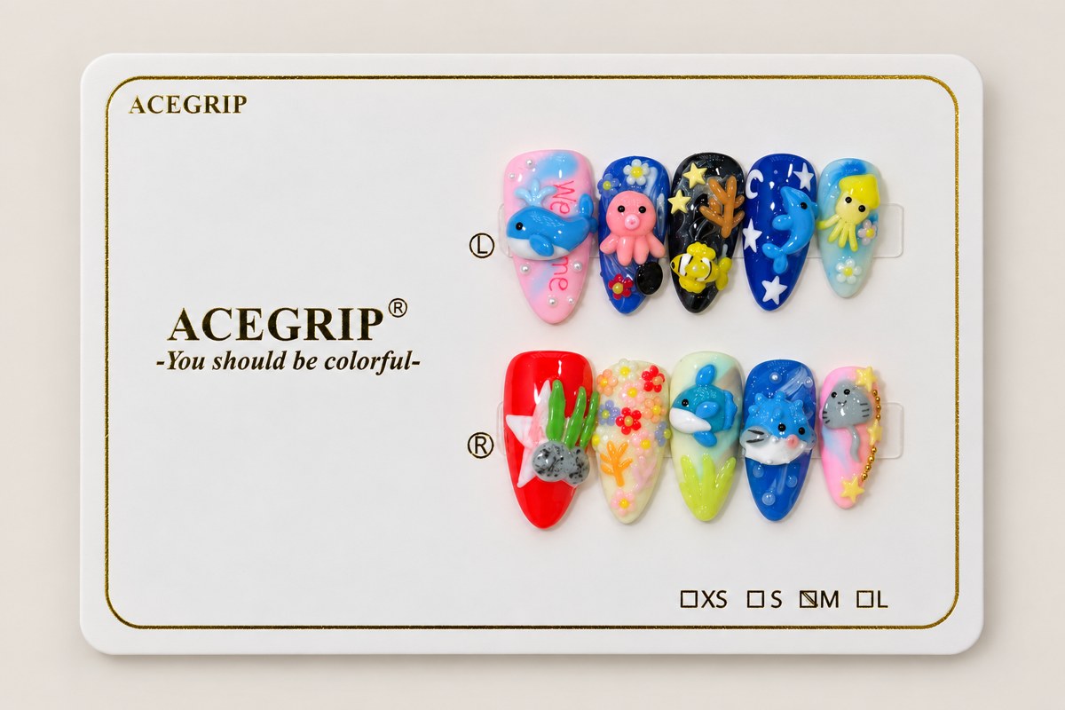 ACEGRIP Rose Tide, style FD9013, complete 10-nail set on its presentation card