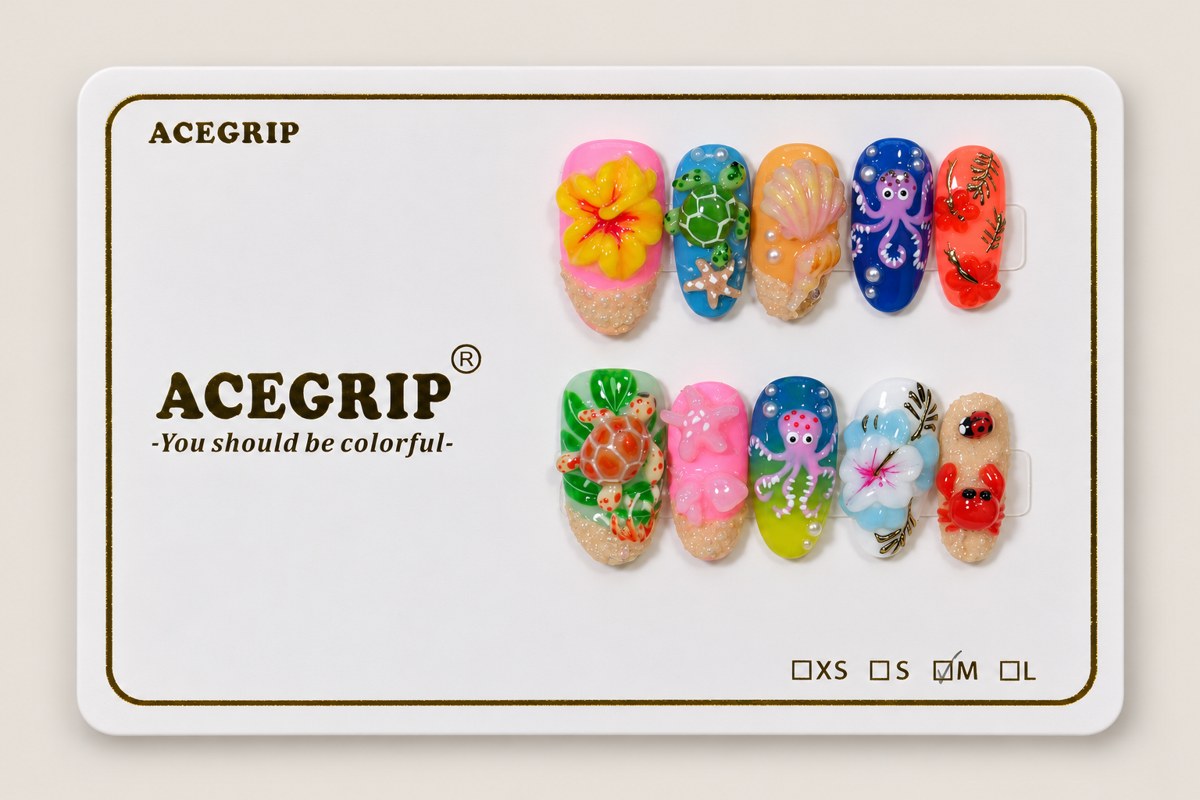 ACEGRIP Rose Coast, style FD9014, complete 10-nail set on its presentation card