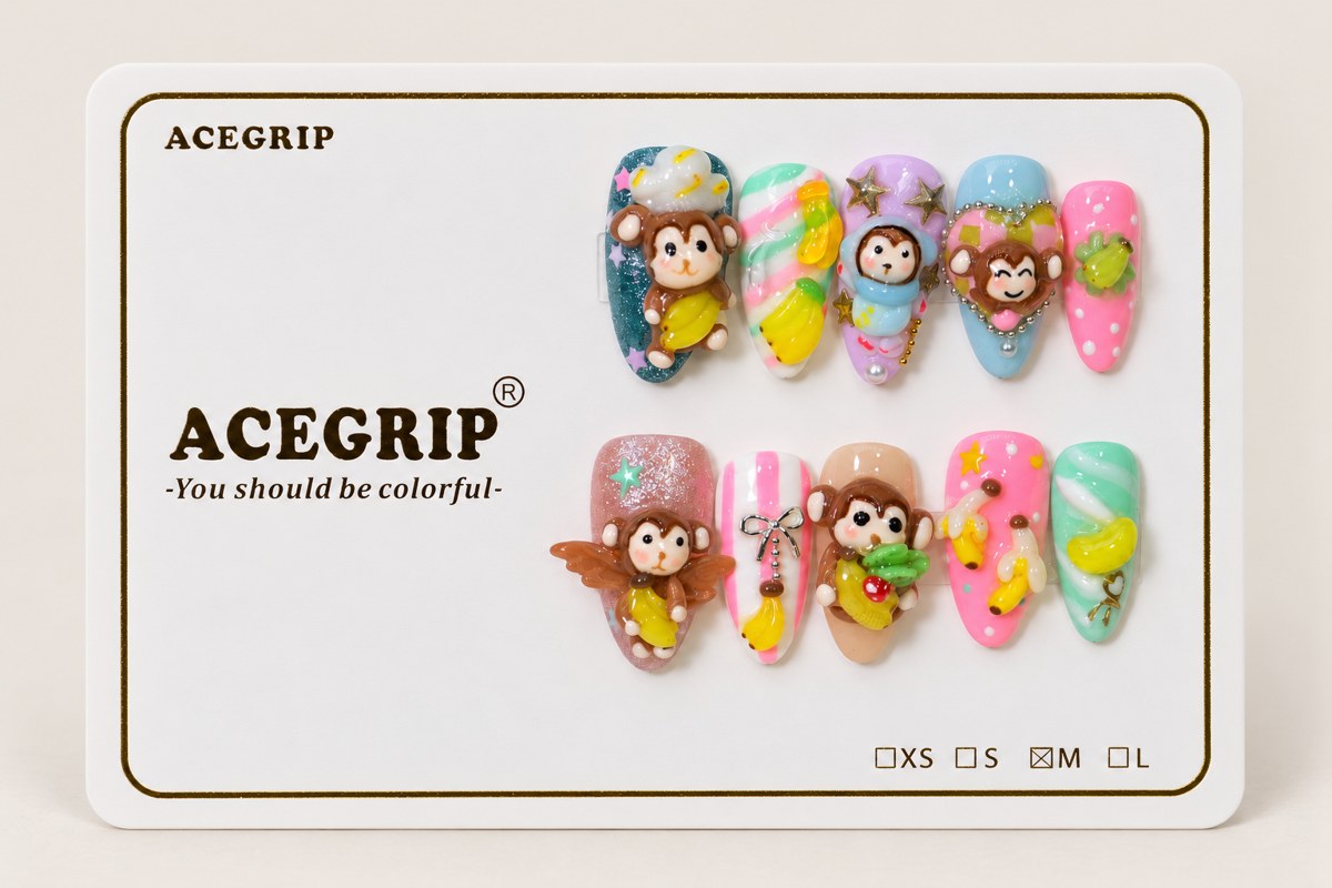 ACEGRIP Blush Monkey, style FD9015, complete 10-nail set on its presentation card