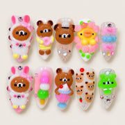ACEGRIP Rose Companions Treats press-on nails in pink, brown, yellow, and blue, with animal accents, style FD9016