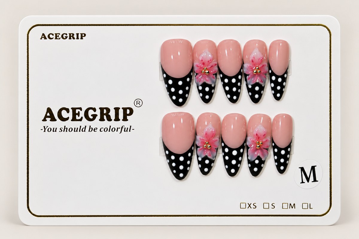 ACEGRIP Blush Tips Dots, style FD9018, complete 10-nail set on its presentation card