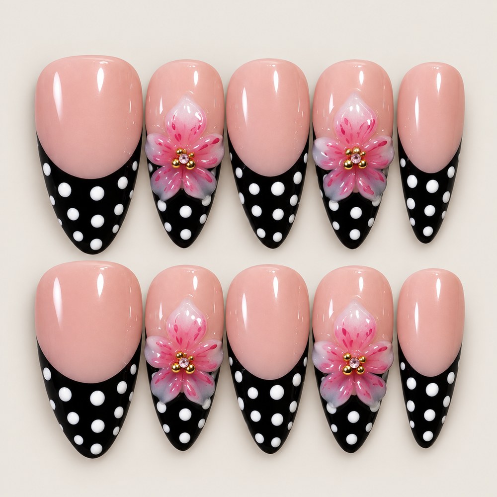 ACEGRIP Blush Tips Dots press-on nails in peach nude, pink, black, and white, with French-tip color blocking, style FD9018