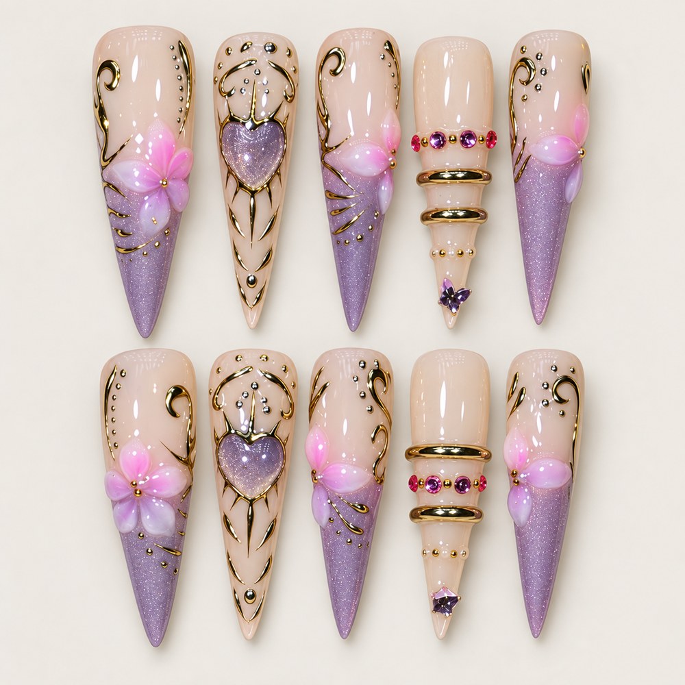 ACEGRIP Blush Petal Cameo press-on nails in peach nude, purple, and gold tones, with floral accents, style FD9019