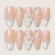 ACEGRIP Blush Petal Pearls press-on nails in peach nude and white, with floral accents, style FD9020