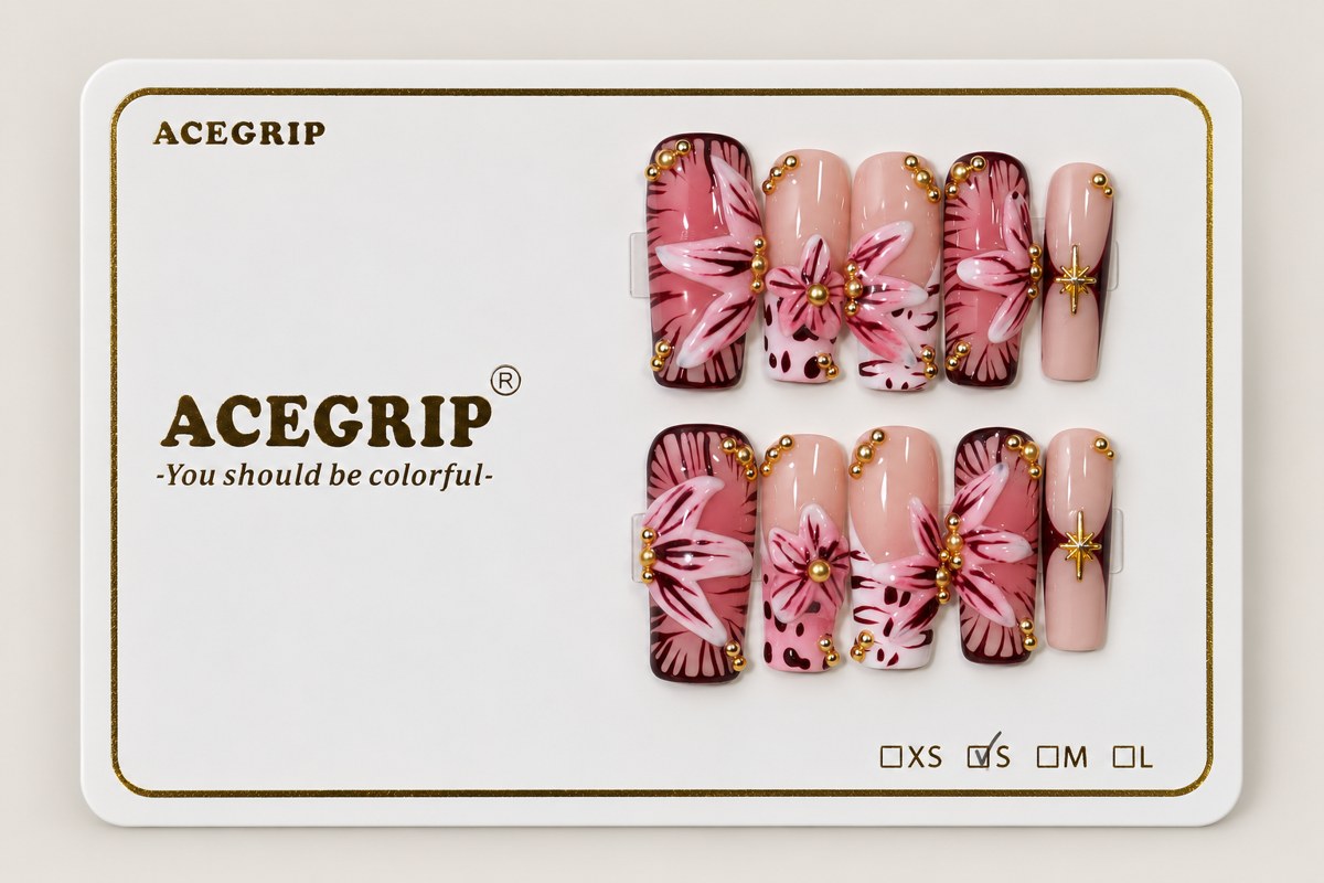 ACEGRIP Rose Blossom Spotted, style FD9021, complete 10-nail set on its presentation card