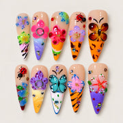ACEGRIP Blush Petal Butterfly press-on nails in peach nude, pink, blue, and yellow, with floral accents, style FD9022