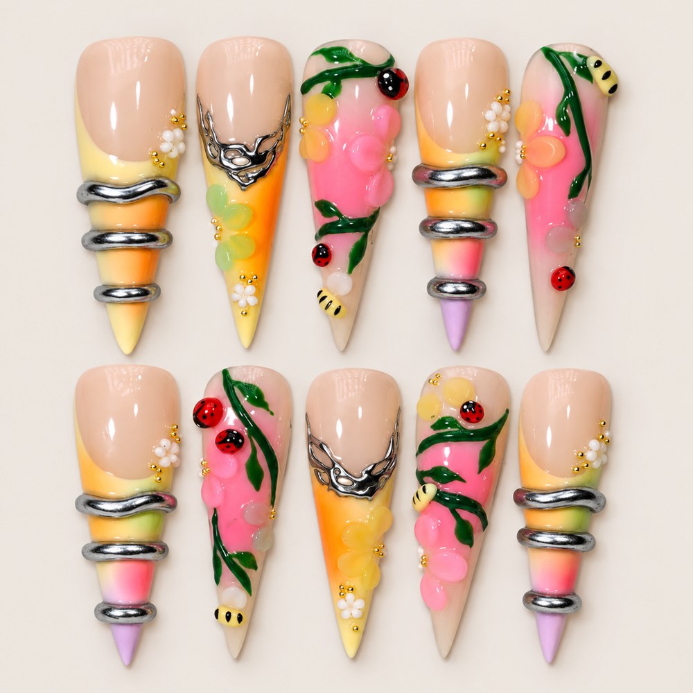 Blush Garden Leaves - Peach Nude Floral & Leaf Press-On Nails