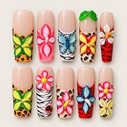 ACEGRIP Blush Bloom Zebra press-on nails in peach nude, pink, blue, and yellow, with floral accents, style FD9025