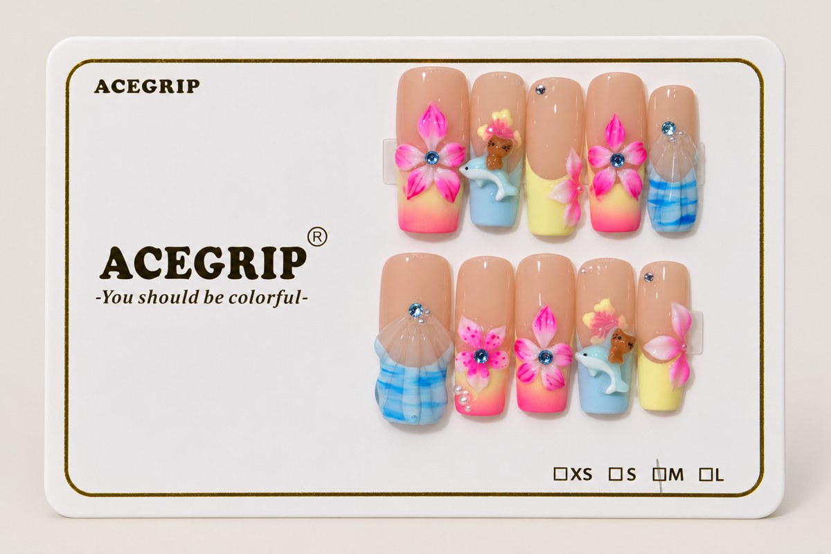 ACEGRIP Blush Bloom Seaside, style FD9026, complete 10-nail set on its presentation card