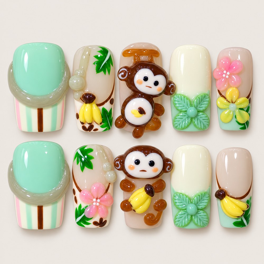 ACEGRIP Mint Monkey press-on nails in mint green, cream, brown, and pink, with monkey motifs, style FD9027