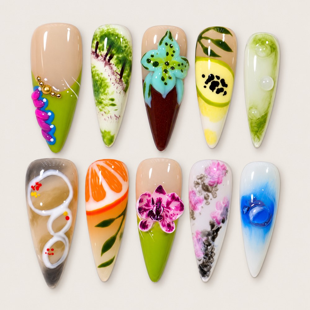 Blush Bloom Citrus - Peach Nude Floral & Citrus-Slice Press-On Nails