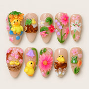 ACEGRIP Blush Duck Pond press-on nails in peach nude, pink, green, and yellow, with duck-shaped accents, style FD9030