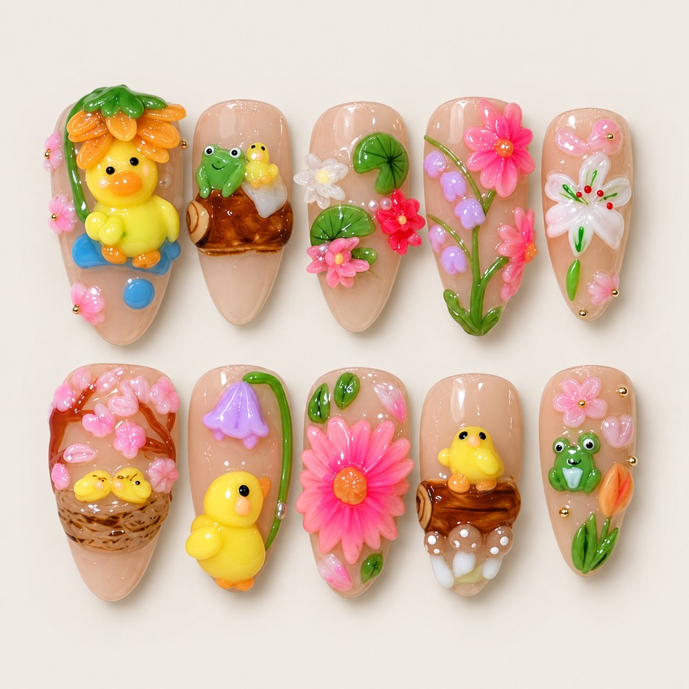 Blush Duck Pond - Peach Nude Duck & Frog Press-On Nails