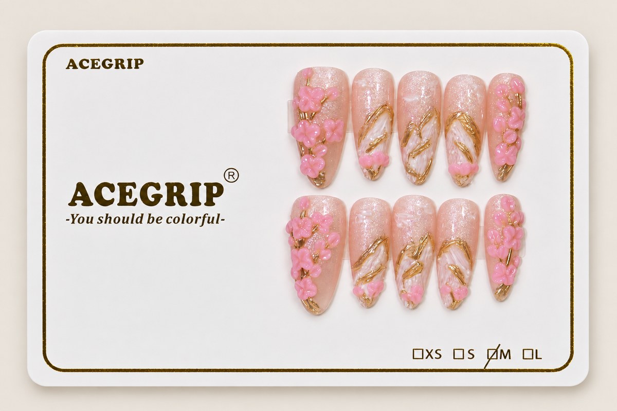 ACEGRIP Rose Petal Linework, style FD9031, complete 10-nail set on its presentation card