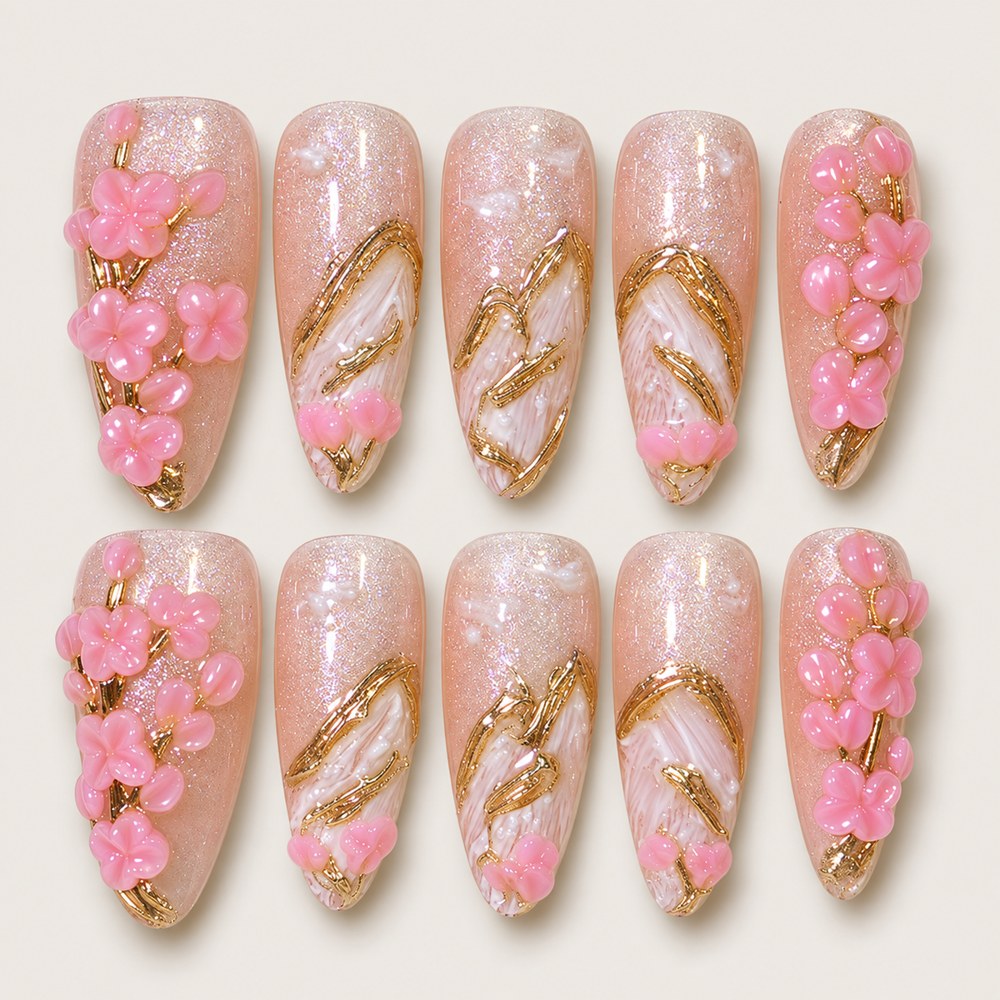 Rose Petal Linework - Pink Floral & Line Art Press-On Nails