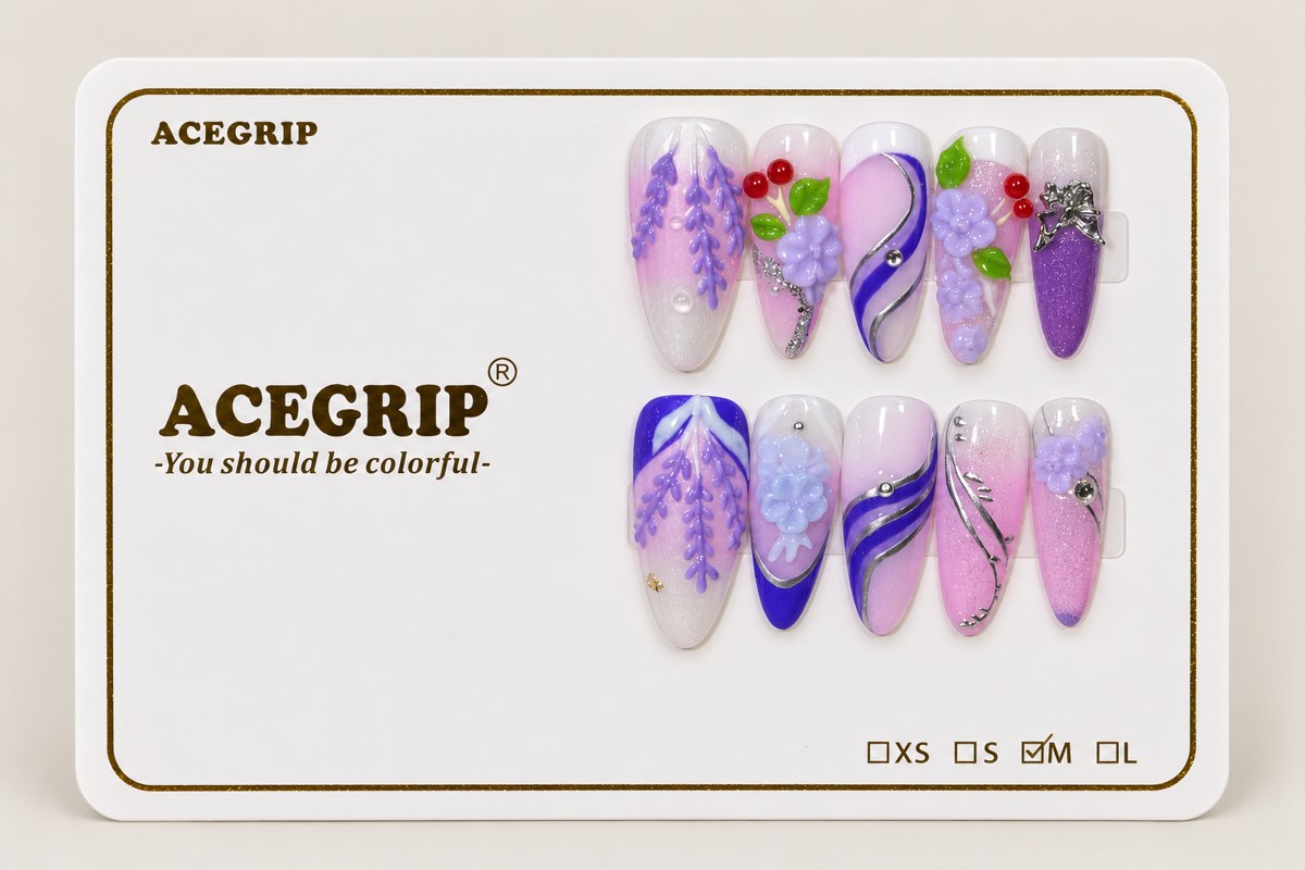ACEGRIP Ivory Petal Cherry, style FD9033, complete 10-nail set on its presentation card