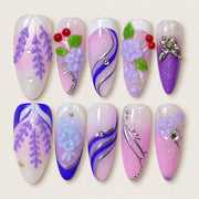 ACEGRIP Ivory Petal Cherry press-on nails in white, purple, red, and green, with floral accents, style FD9033