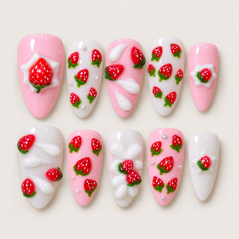 ACEGRIP Rose Berry Leaves press-on nails in pink, white, red, and green, with berry motifs, style FD9034