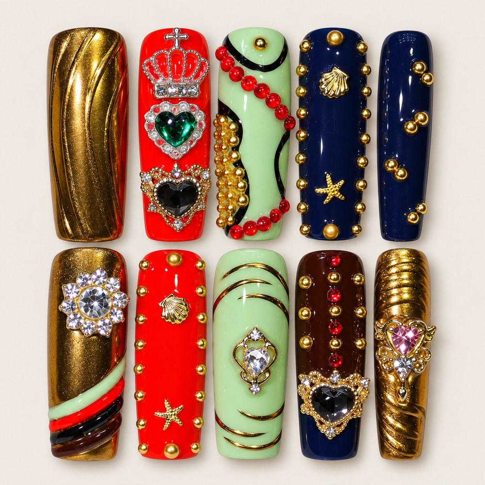 ACEGRIP Golden Crown Hearts press-on nails in gold tones, red, mint green, and navy blue, with crown-shaped accents, style FD9036
