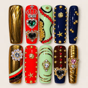 ACEGRIP Golden Crown Hearts press-on nails in gold tones, red, mint green, and navy blue, with crown-shaped accents, style FD9036