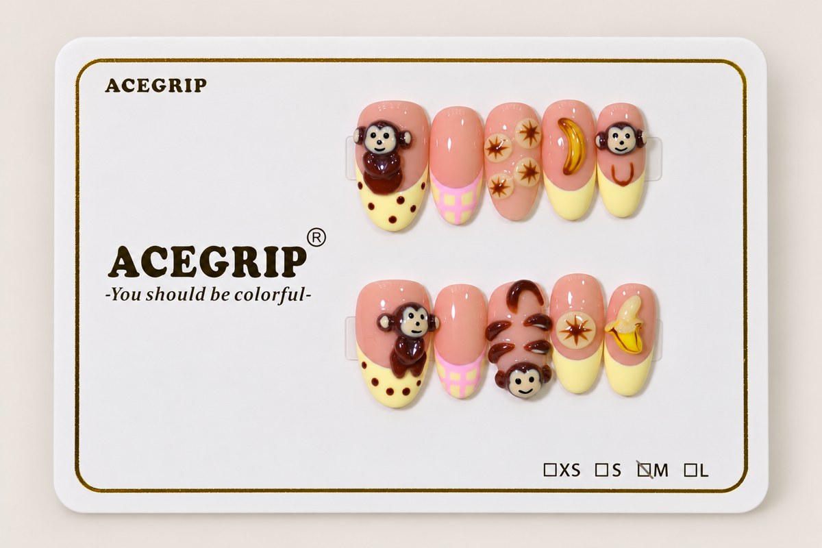 ACEGRIP Blush Monkey Banana, style FD9037, complete 10-nail set on its presentation card
