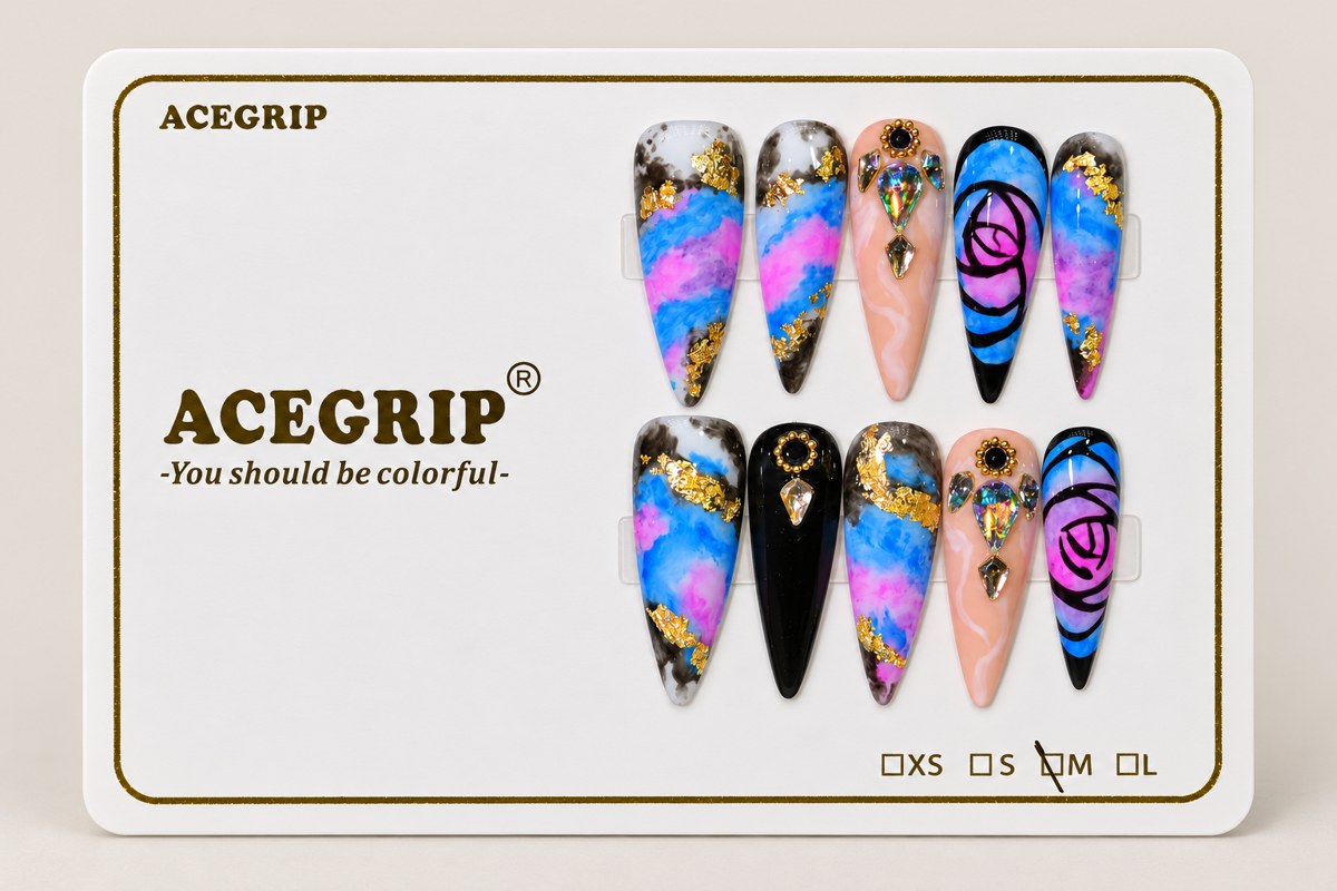 ACEGRIP Azure Marble, style FD9040, complete 10-nail set on its presentation card