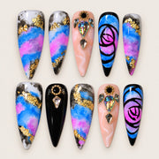 ACEGRIP Azure Marble press-on nails in blue, pink, purple, and black, with marbled-looking swirls, style FD9040