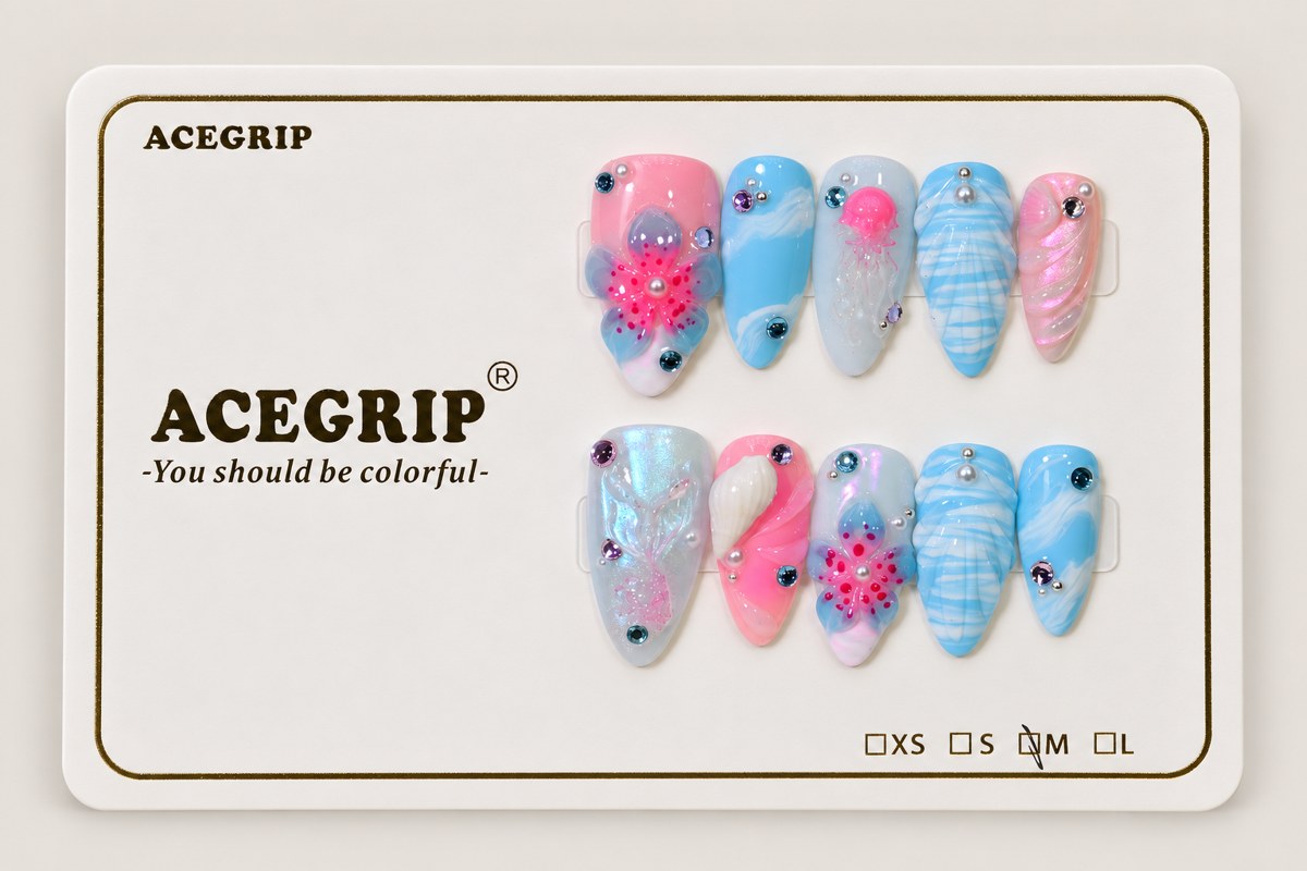 ACEGRIP Rose Petal Shells, style FD9042, complete 10-nail set on its presentation card