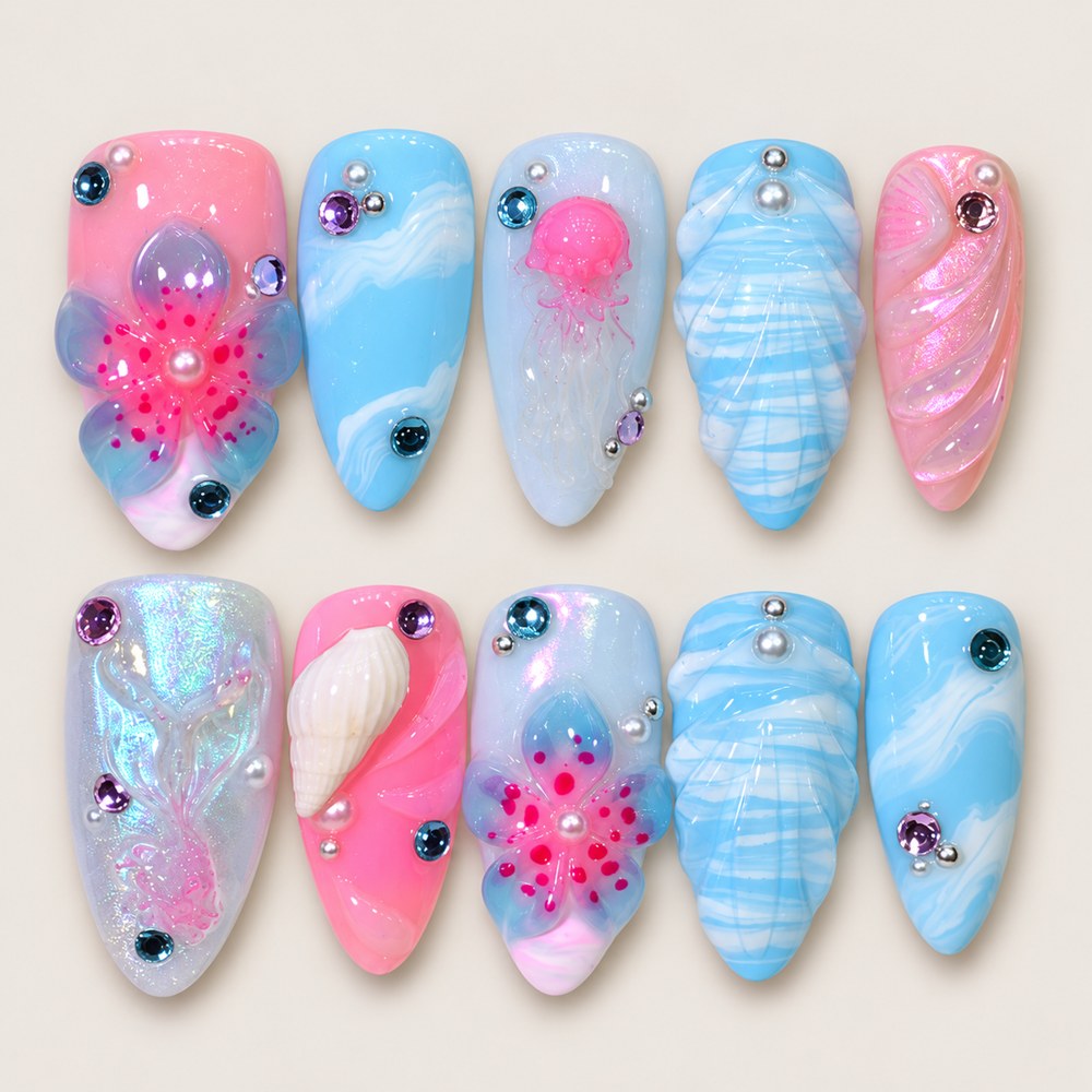 Rose Petal Shells - Pink Floral & Shell Press-On Nails