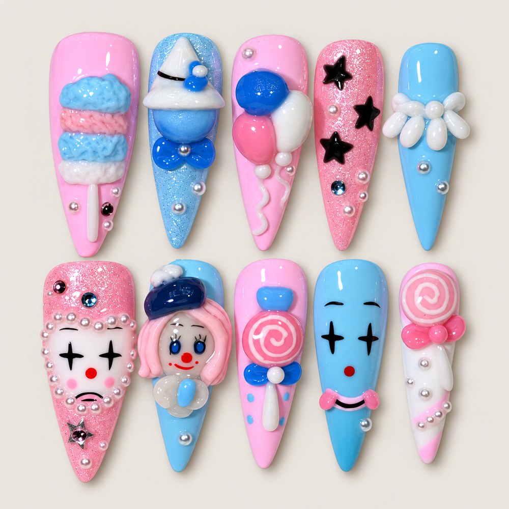 ACEGRIP Rose Candy Balloons press-on nails in pink, blue, and white, with dessert and candy accents, style FD9043