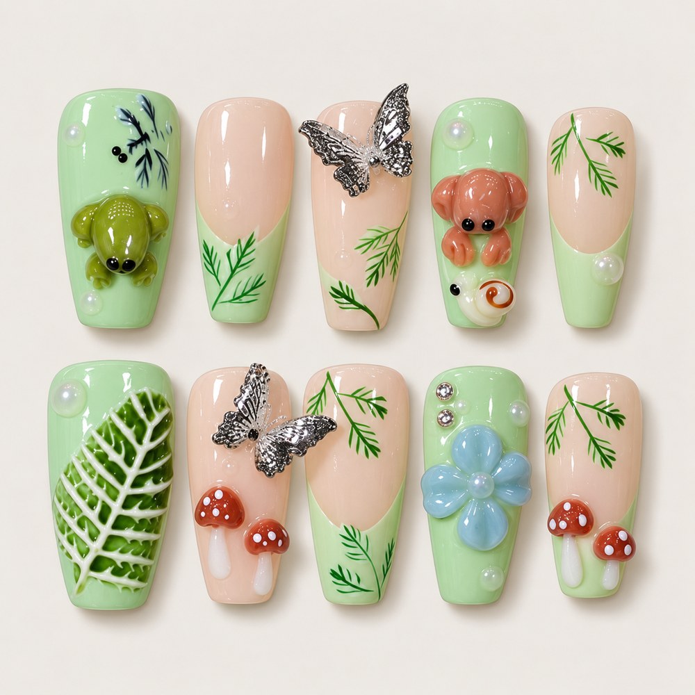ACEGRIP Mint Leaves press-on nails in mint green, peach nude, and green, with leaf motifs, style FD9044