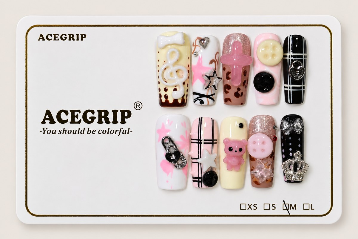 ACEGRIP Cream Buttons, style FD9045, complete 10-nail set on its presentation card