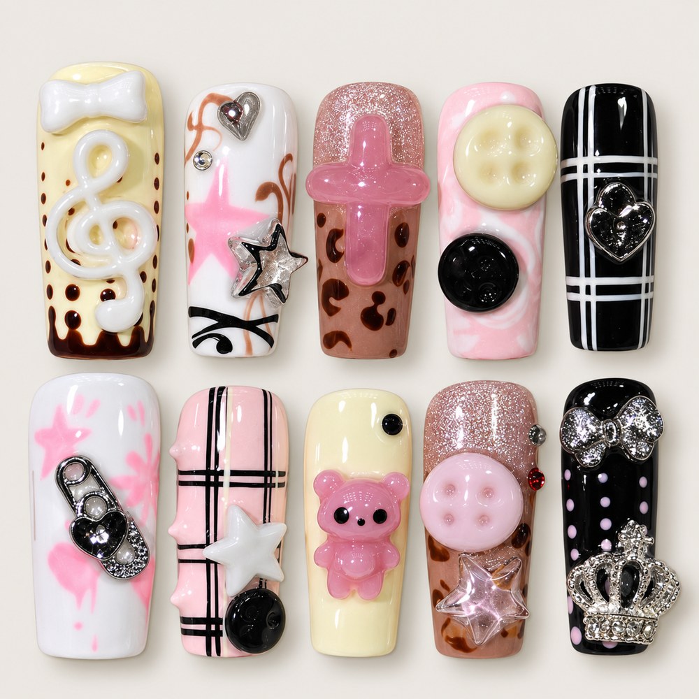 ACEGRIP Cream Buttons press-on nails in cream, pink, brown, and black, with button-like accents, style FD9045