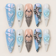 ACEGRIP Azure Hearts press-on nails in blue, white, peach nude, and silver tones, with heart motifs, style FD9048