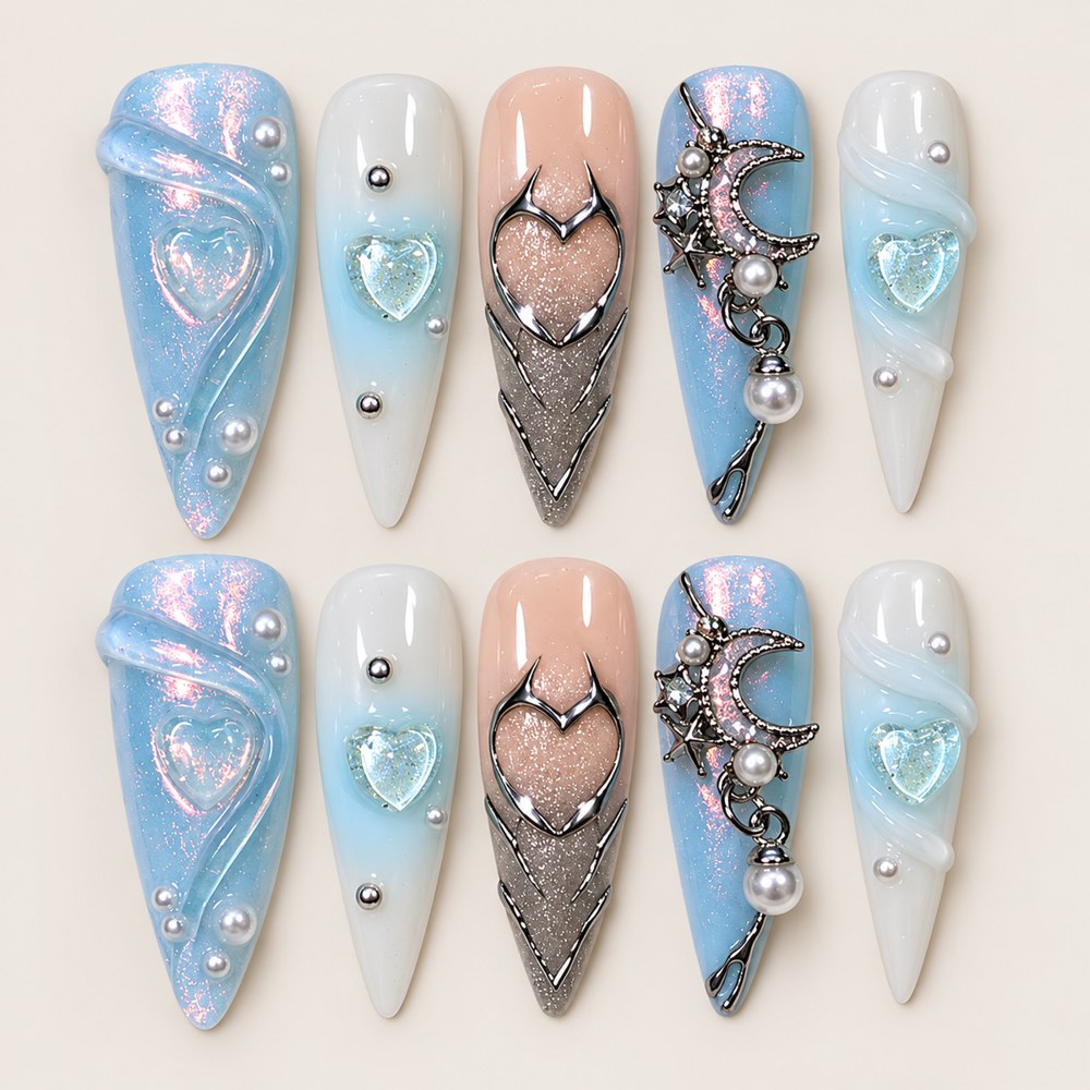 Azure Hearts - Blue Heart & Cross Press-On Nails