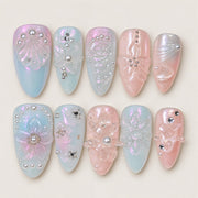 ACEGRIP Azure Petal Starburst press-on nails in blue, pink, white, and silver tones, with floral accents, style FD9052