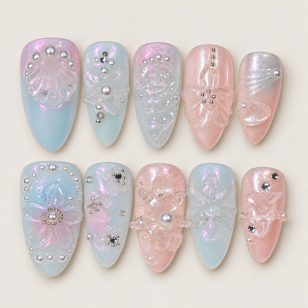 Azure Petal Starburst - Blue Floral & Starburst Press-On Nails