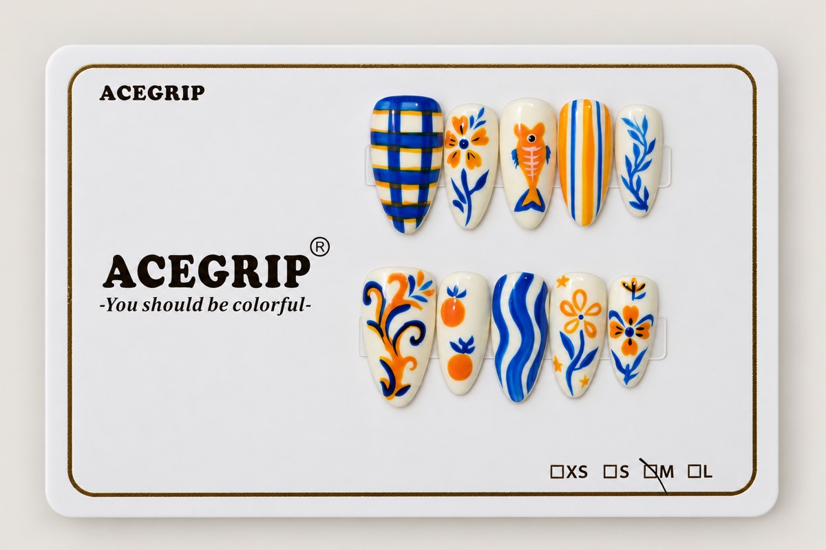 ACEGRIP Cream Blossoms, style FD9053, complete 10-nail set on its presentation card