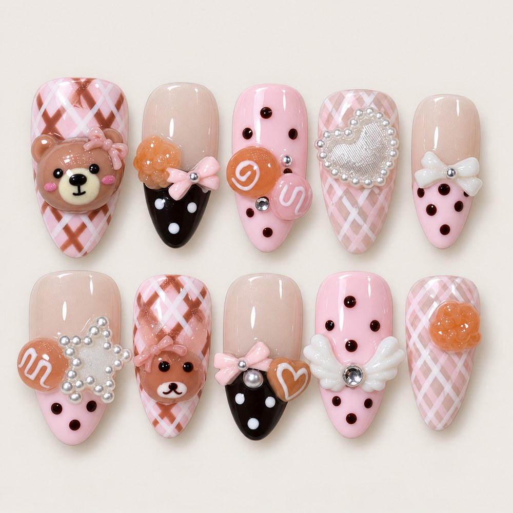 Blush Companions - Peach Nude Animal & Check And Grid Press-On Nails