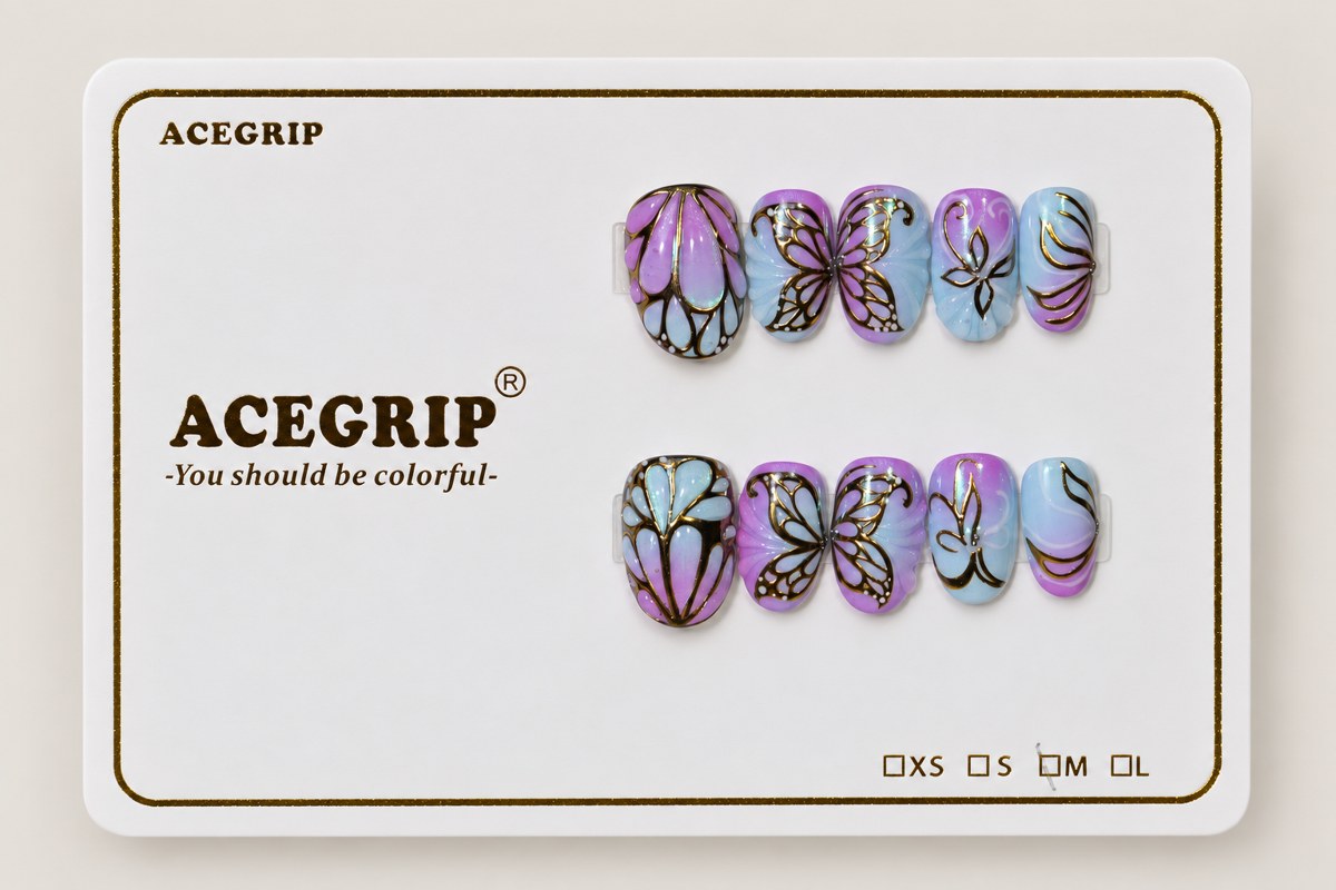 ACEGRIP Violet Butterfly, style FD9056, complete 10-nail set on its presentation card