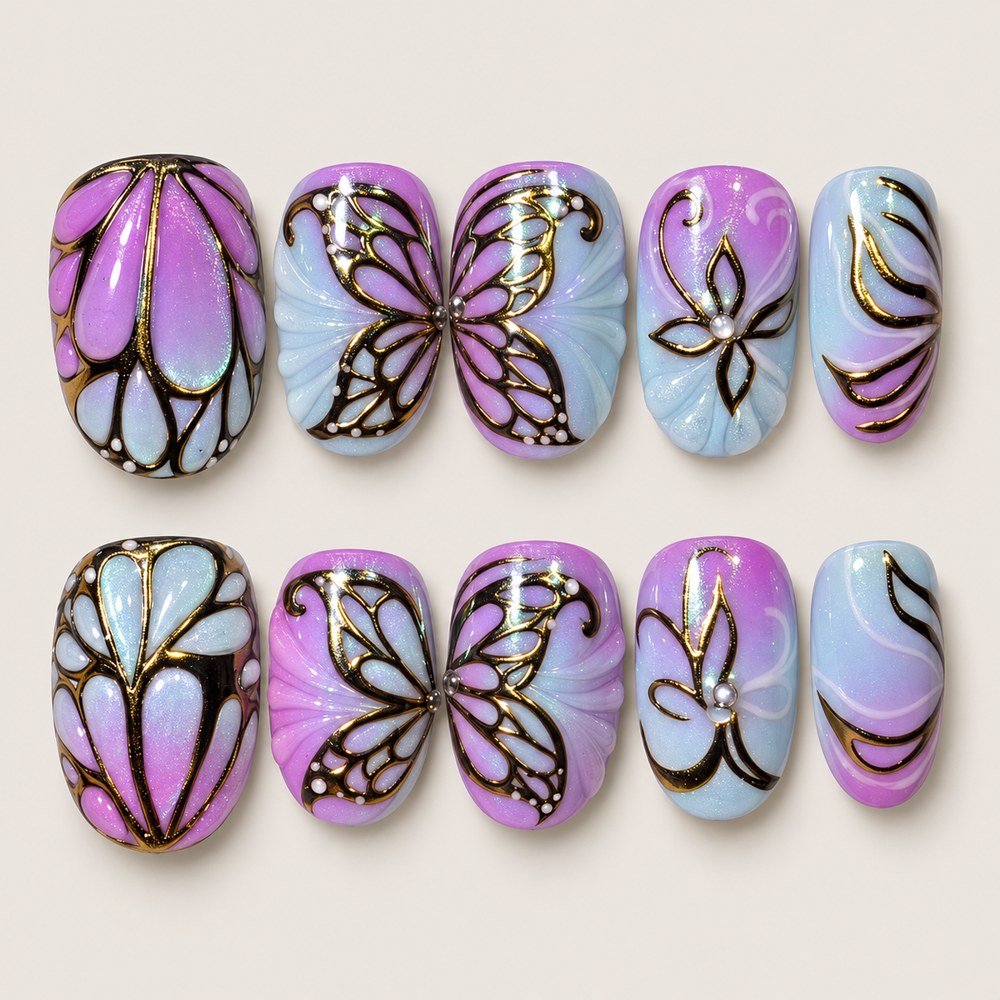 Violet Butterfly - Purple Butterfly & Line Art Press-On Nails